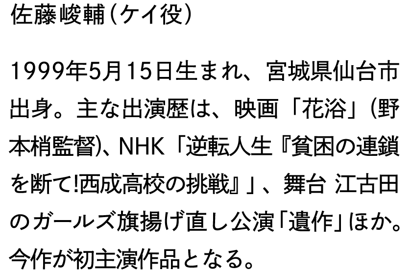 佐藤峻輔（ケイ役）1999年5月15日生まれ、宮城県仙台市出身。主な出演歴は、映画「花浴」（野本梢監督）、NHK「逆転人生『貧困の連鎖を絶て!西成高校の挑戦』」、舞台 江古田のガールズ旗揚げ直し公演「遺作」ほか。今作が初主演作品となる。